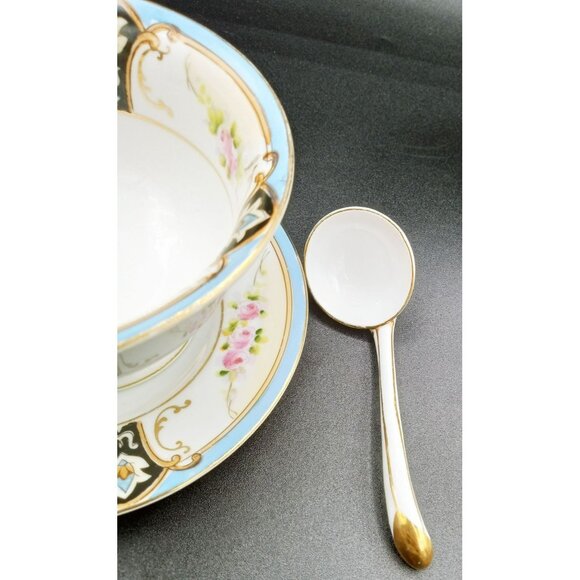 Antique Noritake Bouillon Set 1920s Hand Painted Roses Spoon Saucer Japan - Picture 8 of 13